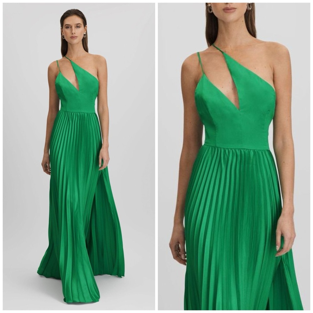AMUR Snow Pea Green Khari One Shoulder Long Maxi Gown Dress Sz 12 Pleated $698